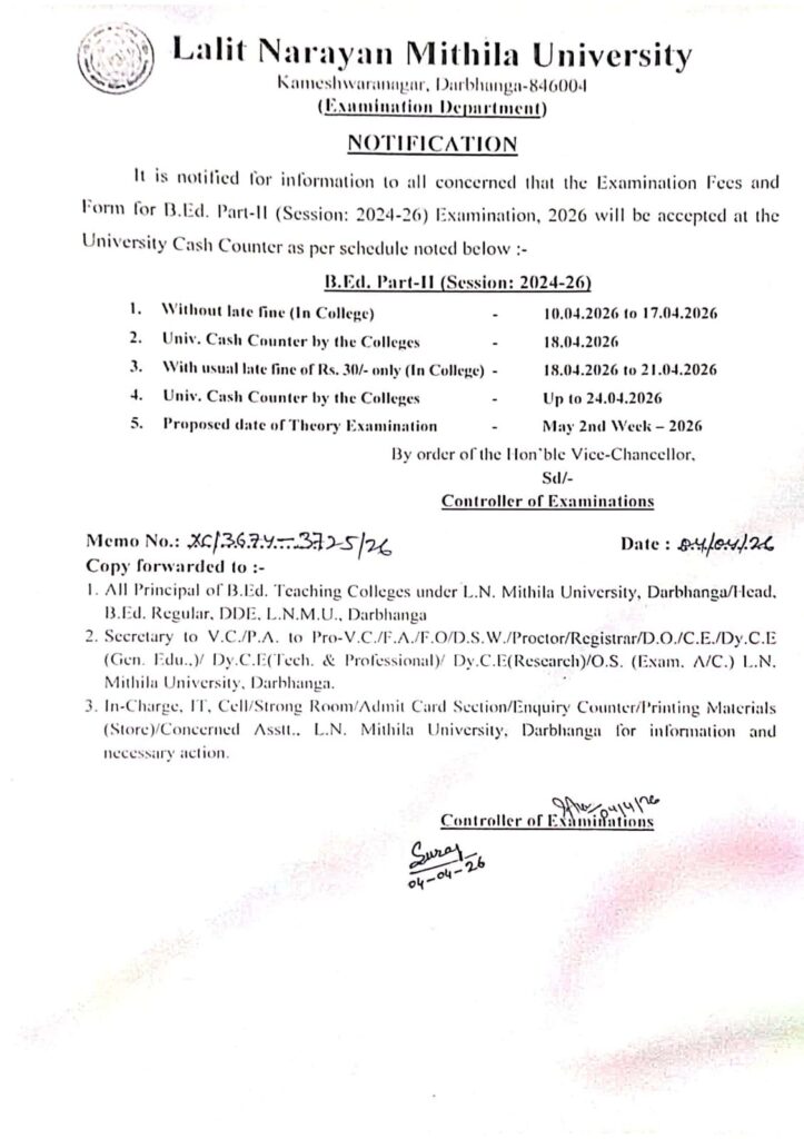 LNMU B.Ed Part 2 Exam Form 2026