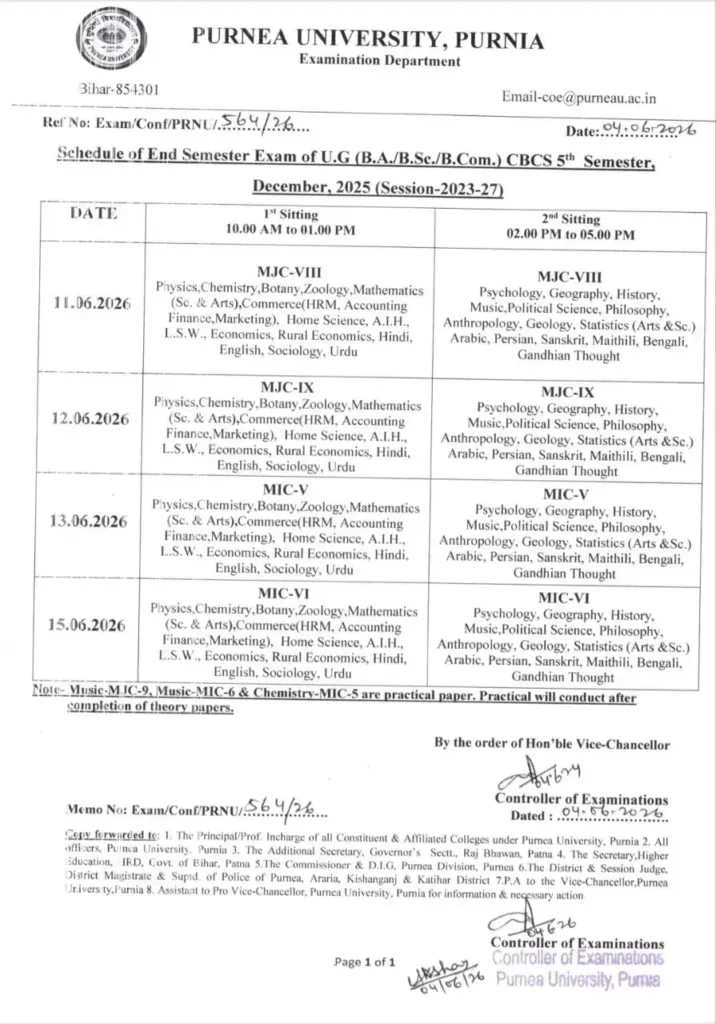 UG 5th Semester Exam Programme 2026 (2023-27)