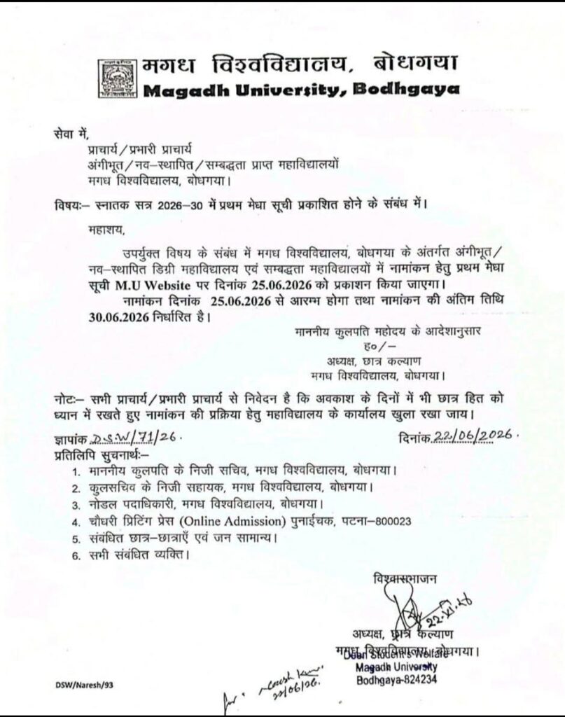 Magadh University Merit List 2026 30 – UG 1st Merit List 2026 30 Download
